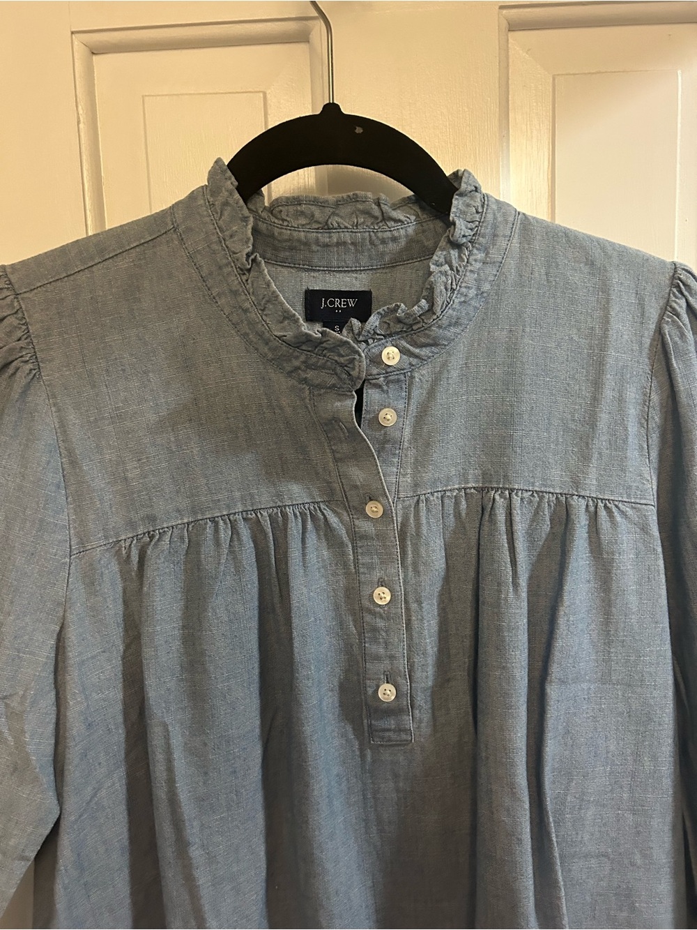 J. Crew Light Blue Ruffled Chambray Blouse